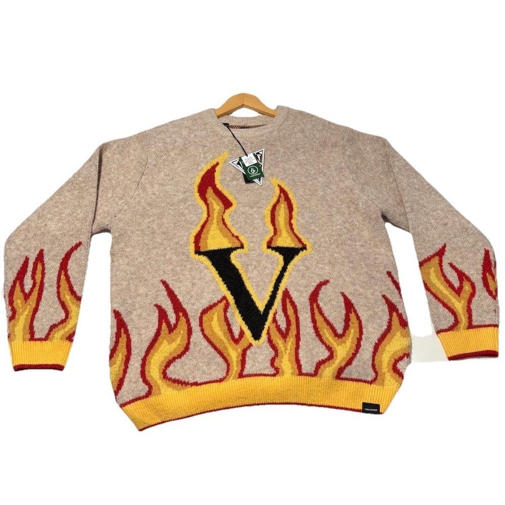 NWT Men's Large Volcom Fergadelic Crew Neck Sweater Dirty White Colour W/flames